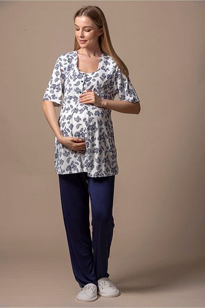 ByLohusa Effortt Navy Blue Patterned Maternity Pajama Set