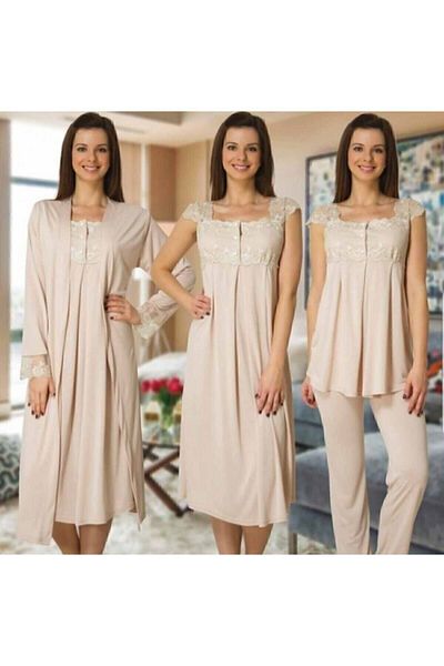 Effort Pijama Effortt 2305 Maternity Pajama Set and Nightgown with Beige Dressing Gown