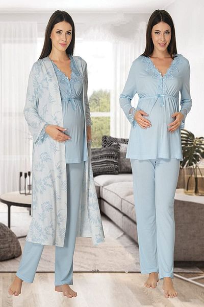 kaktüslohusa Set pijama de maternitate pentru femei, albastru cu mânecă lungă, cu halat 8094