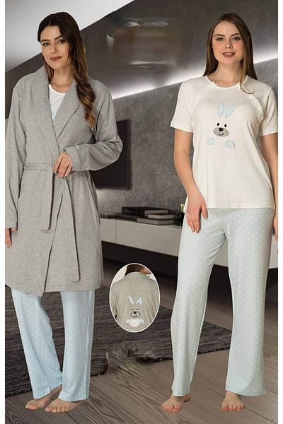 Effort Pijama Set de lenjerie de dormit și halat de maternitate albastru - mânecă scurtă