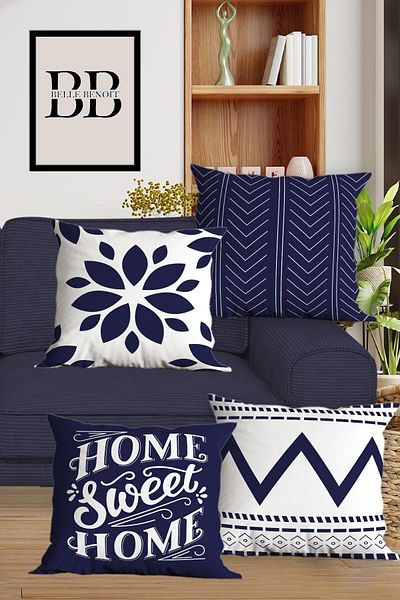 Belle Benoit Navy Blue White Design Διακοσμητικές Μαξιλαροθήκες Καναπέ Σετ Κάλυμμα Μαξιλαριού Ριχτάρι Διπλής Όψης