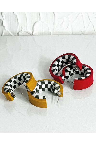 Gizy Store Polymer Clay Handmade Hoop Earrings Checkerboard pattern red women's hoop earrings