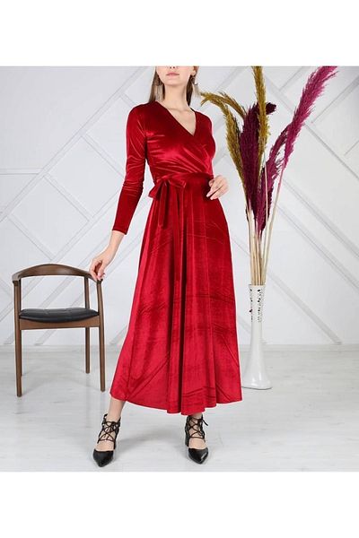 Modaayaz Red Velvet - Double Breasted Collar Fabric Dress