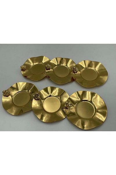Esina Gold Tea Plate 6 Pieces Rose Detailed Decorative and Stylish Coasters Gold