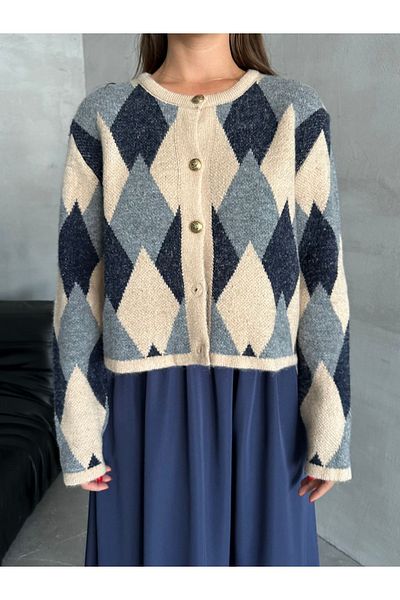 Laluvia Beige-Grey-Navy Blue Baklava Cardigan - Self-Strapped
