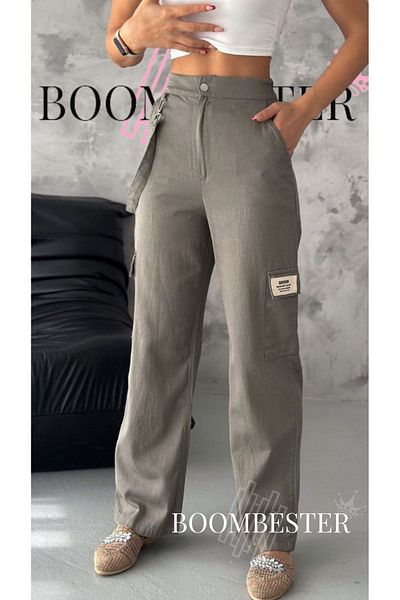 BoomBester Khaki Colored Women's Linen Cargo Pants - High Waist, Wide Leg and Multi Pockets