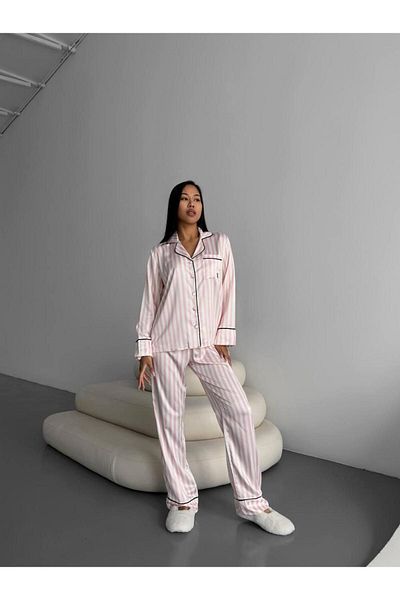 Kitty Homewear Set cămașă și pijamale din satin de mătase cu dungi Kitty vs Pink - 2530