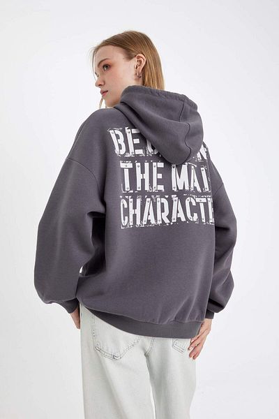 DeFacto Oversize Wide Fit Hooded Back Printed Thick Sweatshirt E0673Ax24Wn