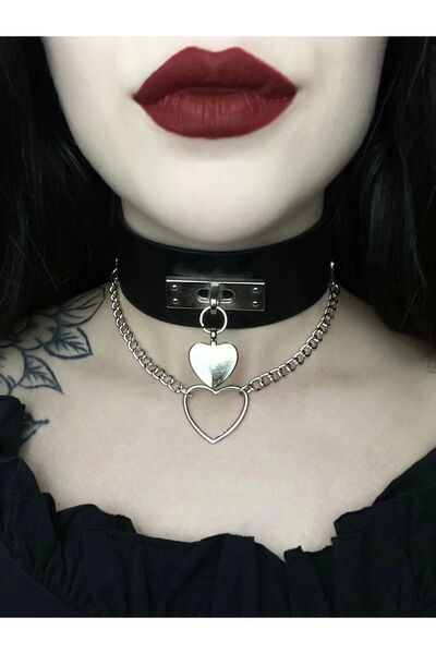DarkellaStore Gotik Punk Lolita Kalpli Zincirli Kalın Suni Deri Choker Boyunluk