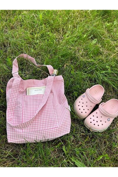 Sumicorn Design Pembe Pötikareli Çevre Dostu Bez Çanta,Cepli Keten Kol ve Omuz Çantası,Unisex Alışveriş Çantası