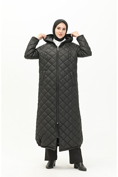 Vivezza Kapşonlu Fermuarlı Kapitone Ferace 6949-01 Siyah