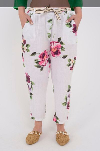 AYASOFYA OTANTIK Women's White Italian Elastic Waist Belt Detailed Flower Pattern Carrot Linen Trousers