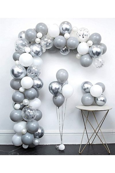 HKNYS 100 Pieces Gray White Transparent Silver Confetti Chrome Balloon Set Balloon Chain