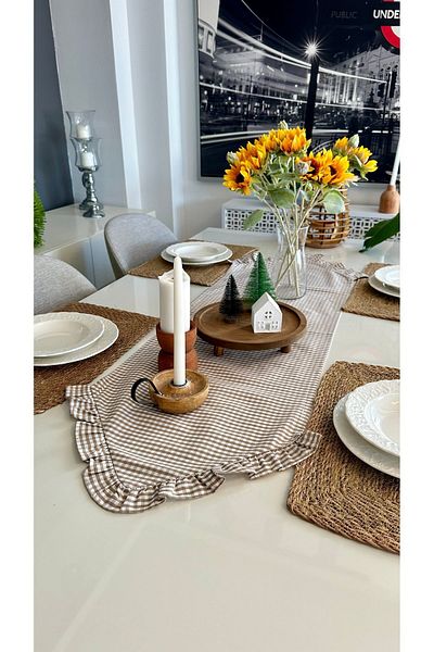 Decamor home Μπεζ Vintage Mini Gingham - Γωνιακό βολάν Runner