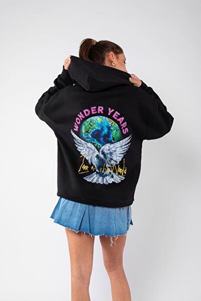 Bak Moda Μαύρο φούτερ με κουκούλα Wonder Years με στάμπα, υπερμεγέθη, unisex