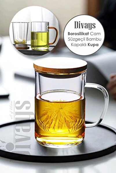 DİVAYS Bambu Kapaklı Borosilikat Cam Bardak Süzgeçli Kulplu Demlikli Çift Cid...