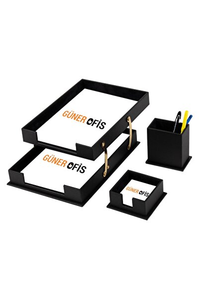 Güner Ofis Deri 3 Parça Masa Üstü Seti Siyah Çiftli Evrak Rafı