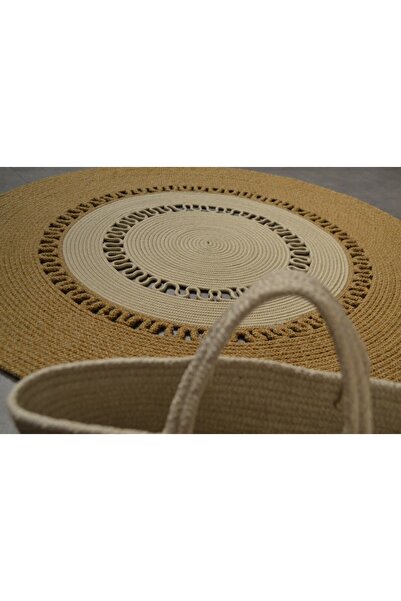 TurQhouse Koyu Jüt-bej Jüt El Örmesi Yuvarlak Çift Taraflı Hasır Kilim
