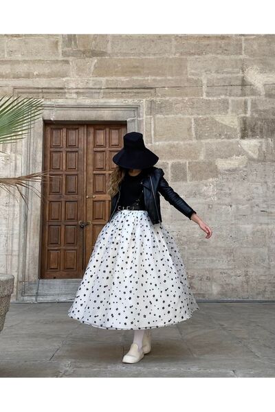 Launes Siyah Çiçekli Beyaz Kabarık Tül Etek