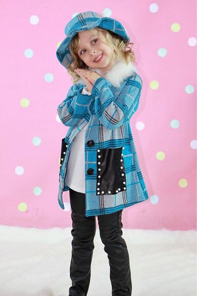 Sparrow Laurel Girl's Fur Collared Plaid Coat Black Leather Leggings Blouse and Hat 4-Piece Set