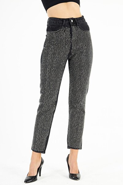 PodiumStar Kadın Siyah Yüksek Bel Parlak Sıvama Taşlı Mom Jean Kot Pantolon