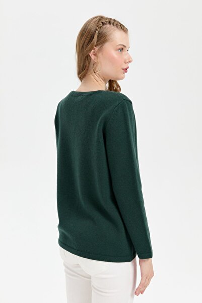 Desen Triko Green V-neck Women's Wool Cardigan - Basic