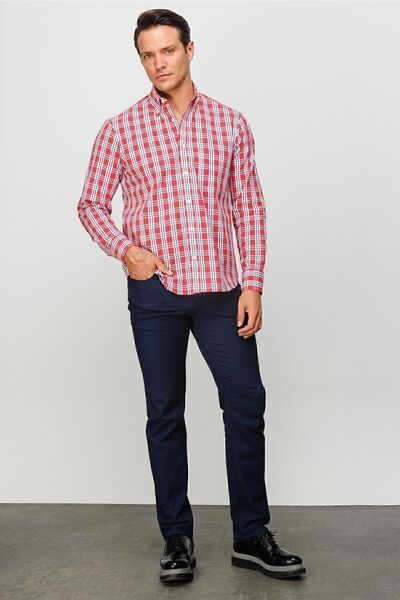 Desen Triko Men's Button-Up Collar Pocket 100% Cotton Plaid Patterned Regular Mid-Cut Shirt Red