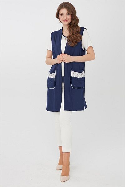 Desen Triko Women's Long Combed Cotton Vest Navy Blue
