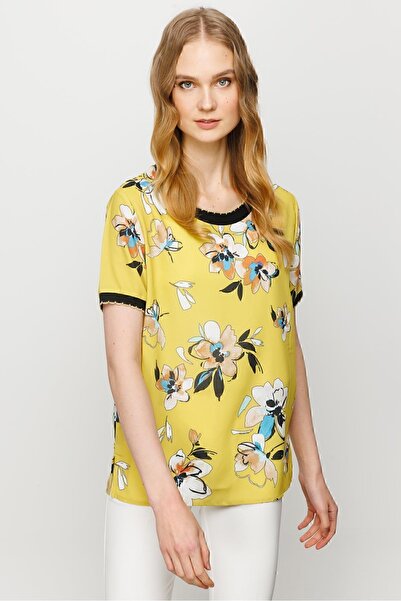 Desen Triko Women's Crew Neck Colorful Patterned Combed Cotton T-shirt Yellow