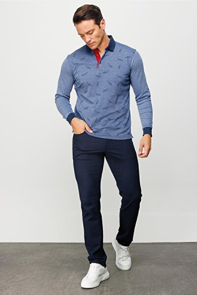 Desen Triko Чоловічий світшот з коміром-поло та малюнком пір'я, темно-синій