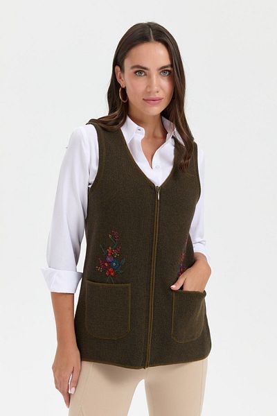 Desen Triko A.green Women's Wool Vest - V-neck, Embroidery Embroidery and Pocket Top