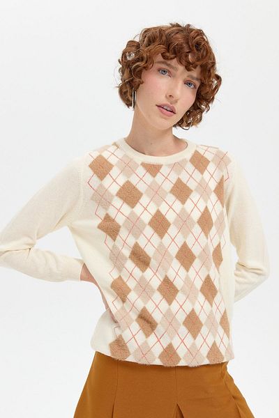 Desen Triko Diamond Patterned Null Collar Women's Wool Sweater - Bone