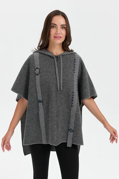 Desen Triko Smoked Wool Poncho with Hood - Felt Embroidered, Zippered Women's Coat