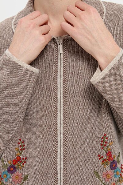 Desen Triko Polo Neck Short Wool Cardigan - Women's V. Beige