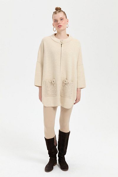 Desen Triko Women's Stand Collar and Zippered Rose Embroidered Poncho - T. Melange
