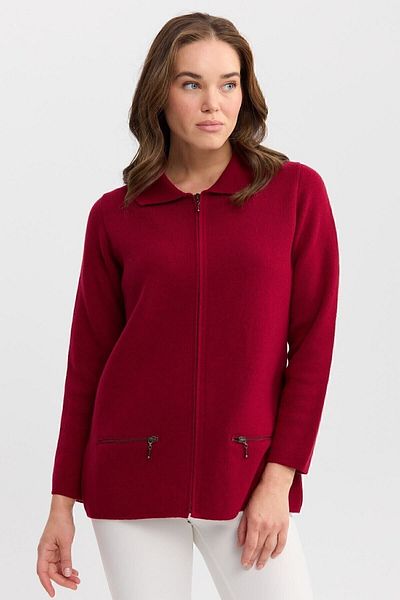 Desen Triko Women's Polo Collar Pocket Zippered Wool Cardigan