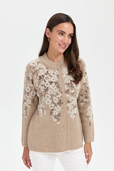 Desen Triko Beige Women's Woolen Jacket - Stand Collar and Puppy Flower Pattern