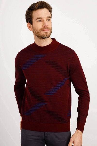 Desen Triko Pulover tricot subțire pentru bărbați, cu model valuri, roșu claret