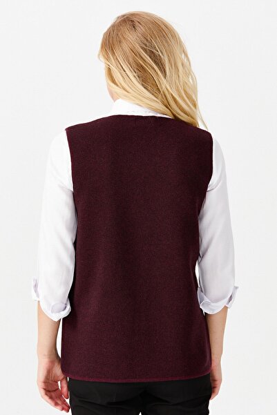 Desen Triko Women's V-Neck Shoulder Pocket Cover Felt Embroidered Buttoned Vest Red