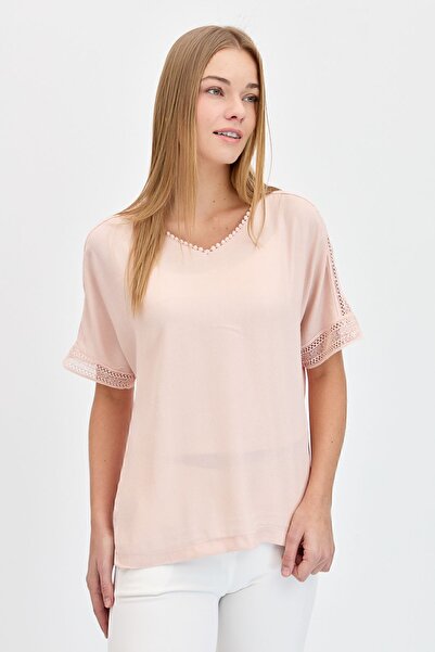 Desen Triko Γυναικείο μπλουζάκι με λαιμόκοψη V με μανίκια σε σκόνη