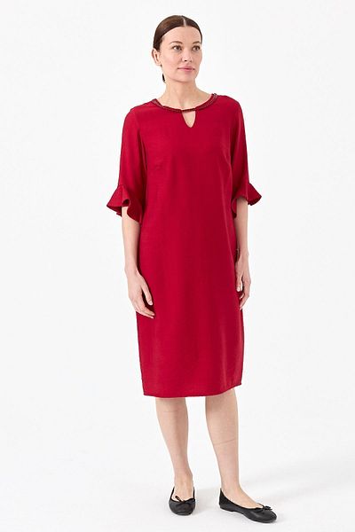 Desen Triko Women's Collar Chain Accessory Linen Dress Red
