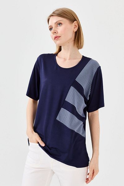 Desen Triko Tricou de damă, cu lanț cu gât roșu, din bumbac pieptănat, bleumarin
