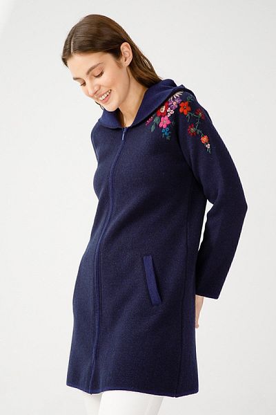 Desen Triko Cardigan lung pentru femei cu mâneci raglan brodate - cu glugă, bleumarin deschis