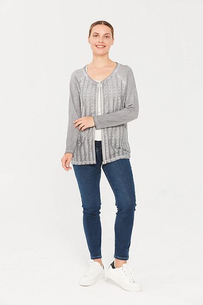 Desen Triko Women's Crew Neck Zippered Combed Cotton Jacket Gray