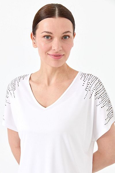 Desen Triko Tricou de damă din bumbac pieptănat cu decolteu în V cu pietre pe umeri alb
