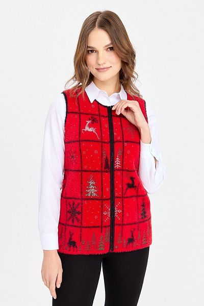 Desen Triko Women's Crew Neck Patchwork New Year Patterned Vest Red