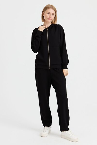 Desen Triko Women's Hooded Mesh Sweat with Side Pockets Black