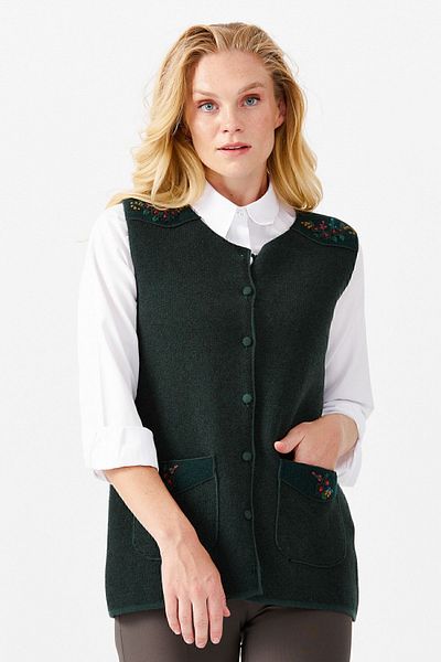 Desen Triko Women's Crew Neck Shoulder Pocket Cover Felt Embroidered Buttoned Vest Green