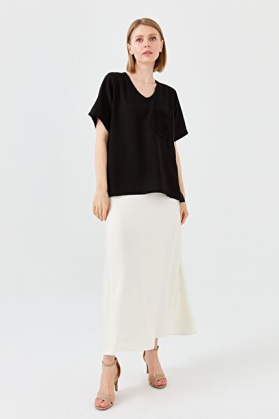 Desen Triko Women's V-Neck Pocket Mesh Linen T-shirt Black