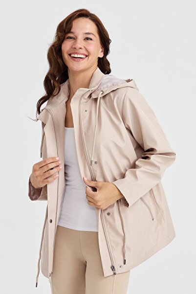 Desen Triko Women's Hooded Short Trench Coat Beige